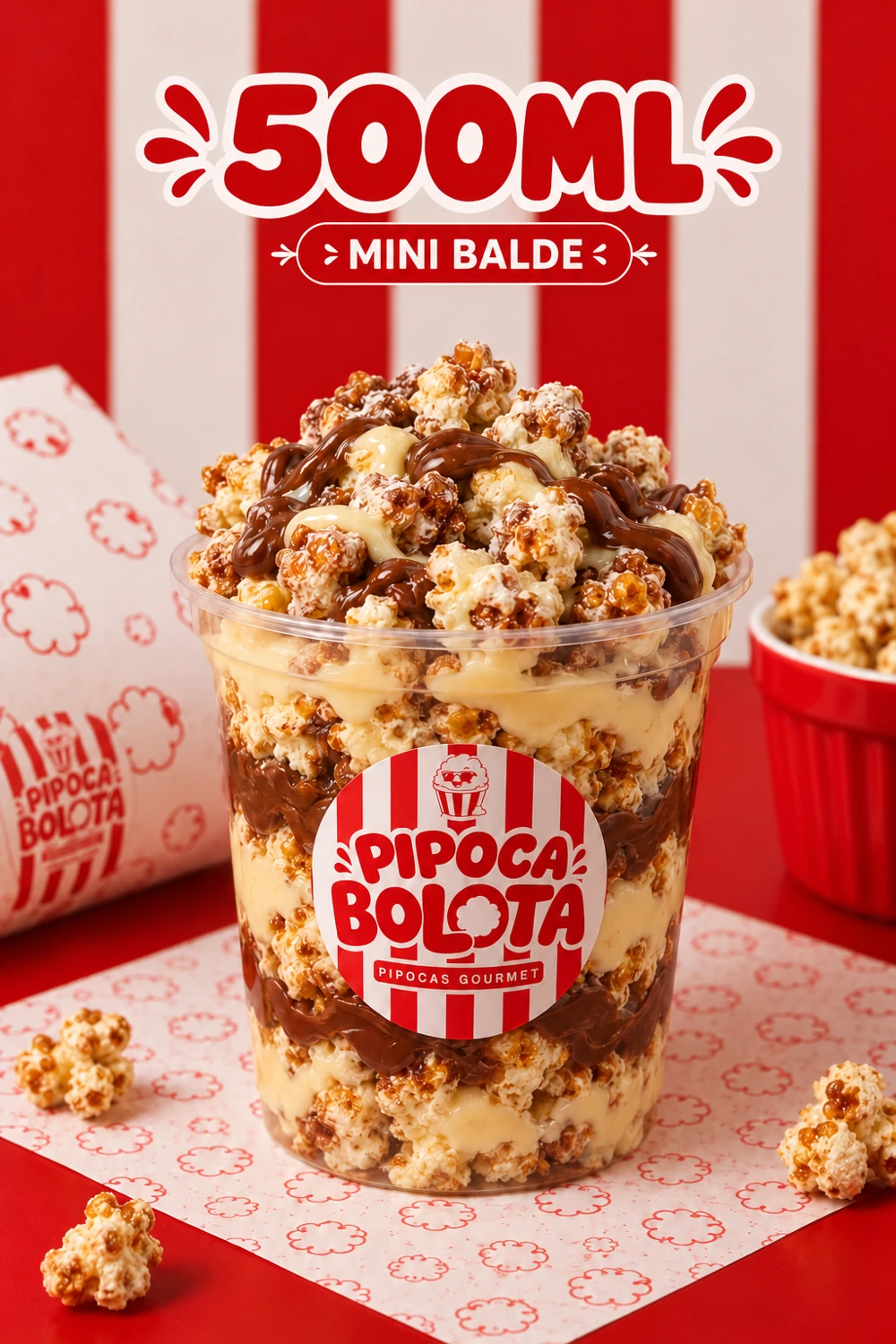 Mini balde Pipoca Bolota de 500 ml com pipoca, creme e chocolate